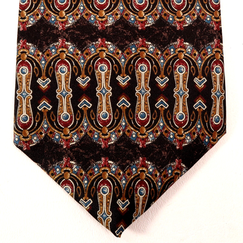 Vintage Milano Tie Mens 58 in Silk Maroon Gold Red Slate Blue Wide Lined